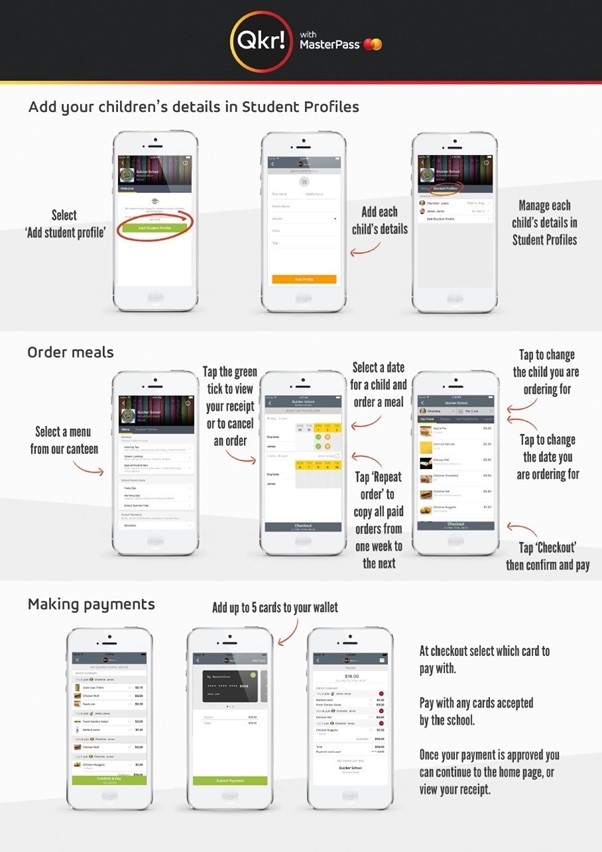 Qkr app step by step guide showing how families add student profiles, order meals and make secure school payments through the mobile app