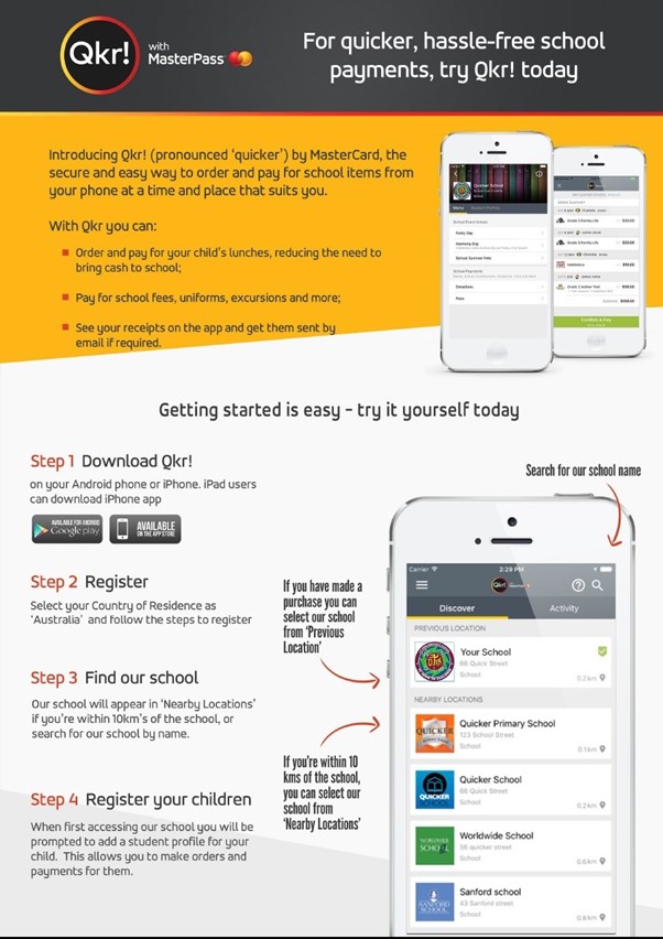 Qkr school payments information poster explaining how families can order and pay for lunches, uniforms and school activities using the Qkr mobile app for quick and convenient payments
