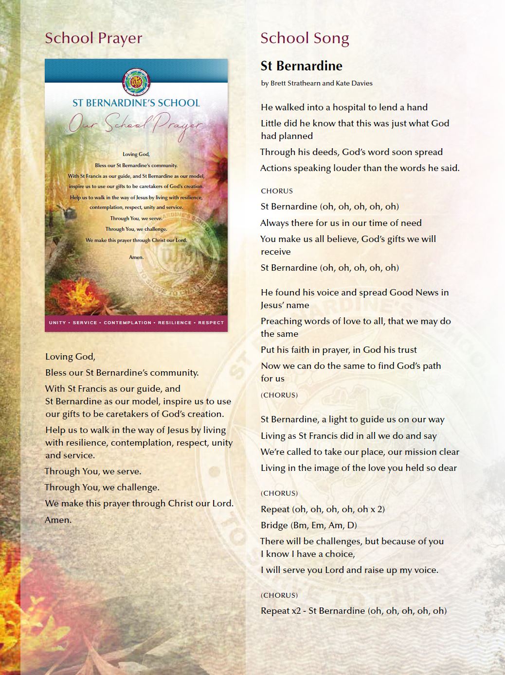St Bernardine’s School prayer and song poster presenting the school prayer alongside lyrics of the school song, expressing faith, mission, values and shared Catholic identity within the school community