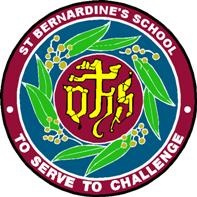 St Bernardine’s School emblem featuring a cross and leaves with the motto To Serve To Challenge, representing Catholic identity, service and commitment to learning