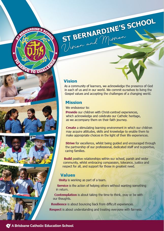 A statement listing the schools Vision, Mission and Values